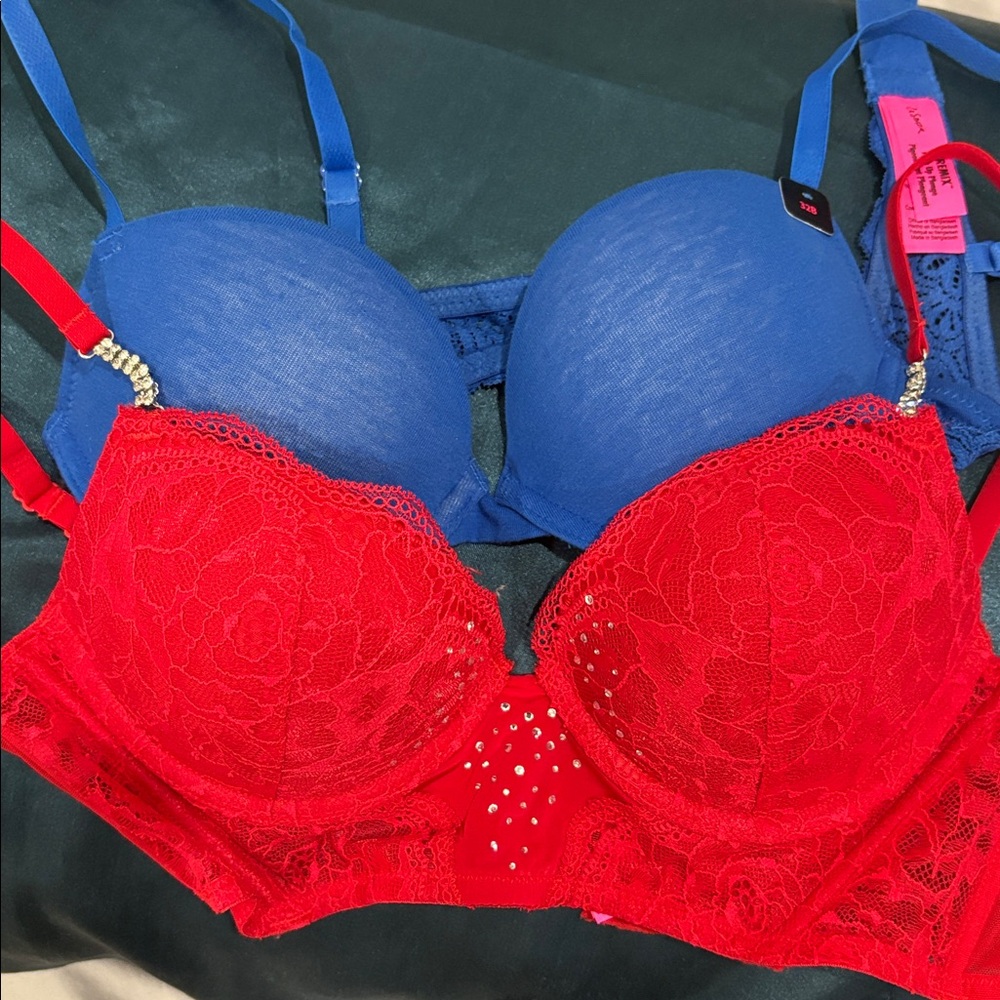 Elegant Red and Blue Lace Bras - Never worn
